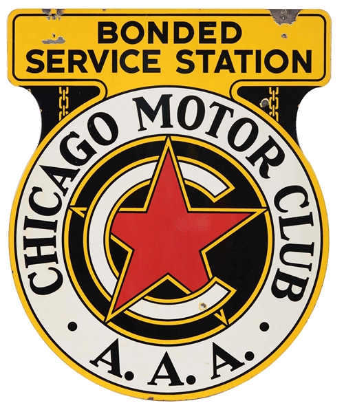 CHICAGO MOTOR CLUB BONDED SERVICE STATION DIE-CUT PORCELAIN SIGN.