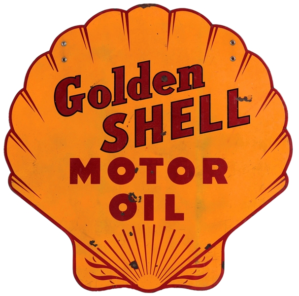 GOLDEN SHELL MOTOR OIL DIE-CUT PORCELAIN SIGN.