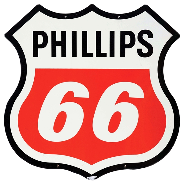 PHILLIPS 66 GASOLINE DIE-CUT PORCELAIN SHIELD SIGN.