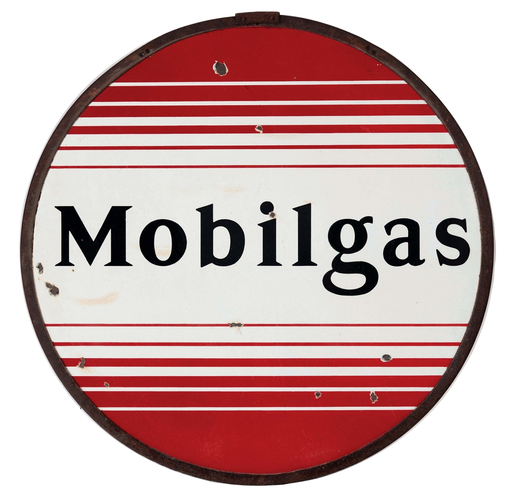 RARE MOBILGAS PORCELAIN SERVICE STATION SIGN WITH ORIGINAL RING. 