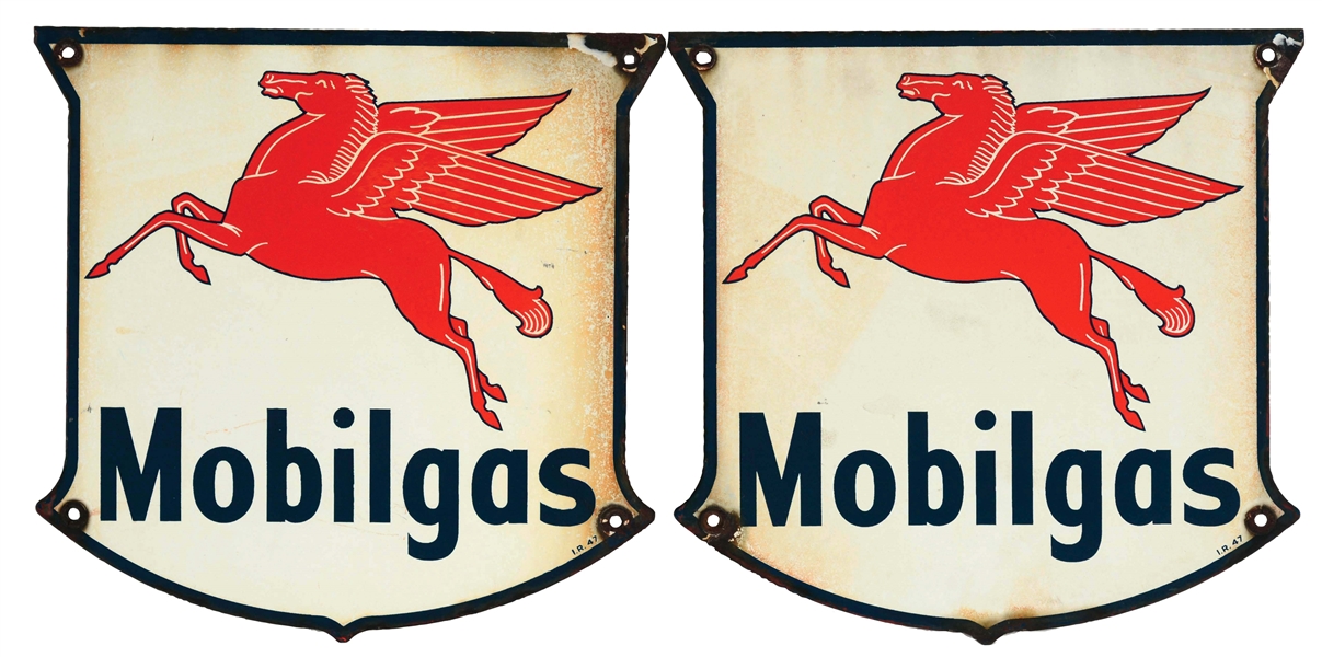 LOT OF TWO: MOBILGAS PORCELAIN PUMP PLATES WITH PEGASUS GRAPHIC.
