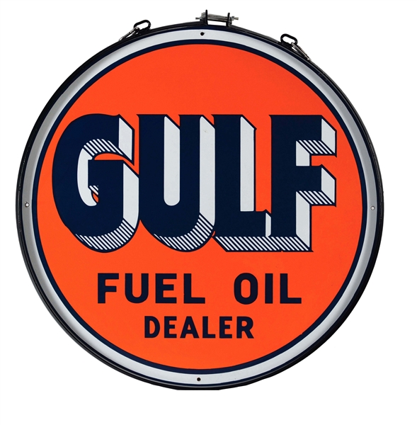 RARE GULF FUEL OIL DEALER PORCELAIN SIGN WITH METAL RING.