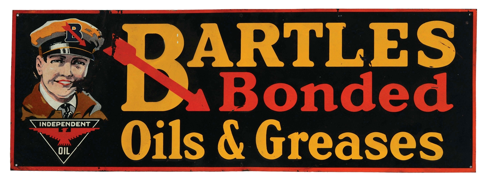 RARE BARTLES BONDED OILS & GREASES EMBOSSED TIN SIGN WITH INDEPENDENT GRAPHIC.