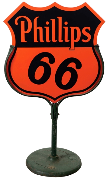 PHILLIPS 66 GASOLINE PORCELAIN SHIELD SIGN IN ORIGINAL CURB STAND. 