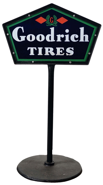 GOODRICH TIRES PORCELAIN CURB SIGN IN ORIGINAL STAND. 
