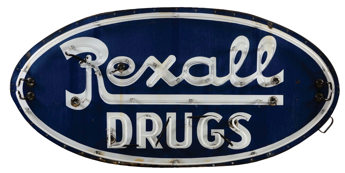 REXALL DRUGS PORCELAIN NEON SIGN ON ORIGINAL METAL CAN WITH WORKING NEON.