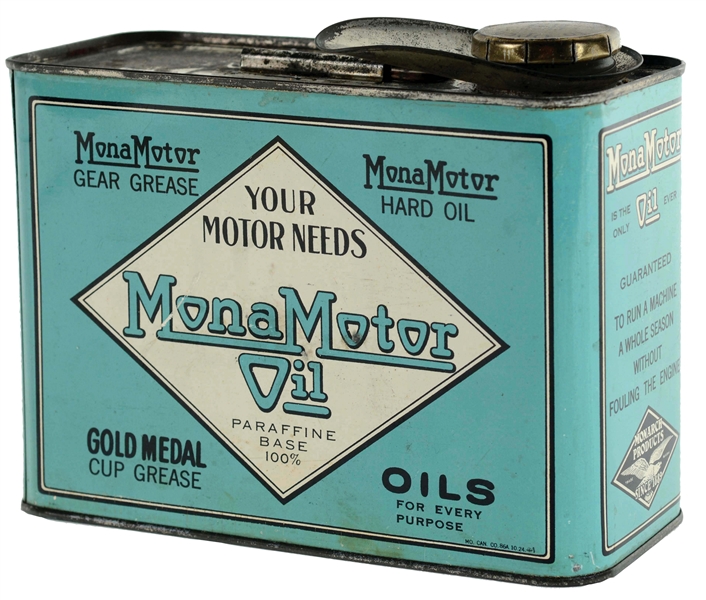 MONA MOTOR OIL HALF GALLON OIL CAN WITH CAR & MOTORCYCLE GRAPHIC. 