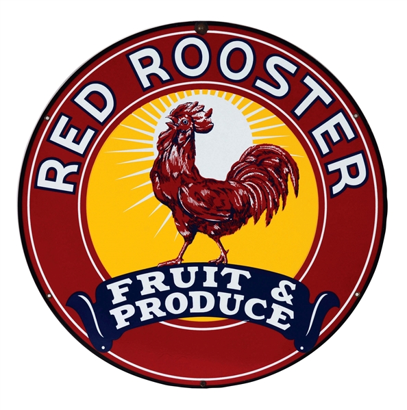 OUTSTANDING RED ROOSTER FRUIT & PRODUCE PORCELAIN SIGN WITH ROOSTER GRAPHIC.