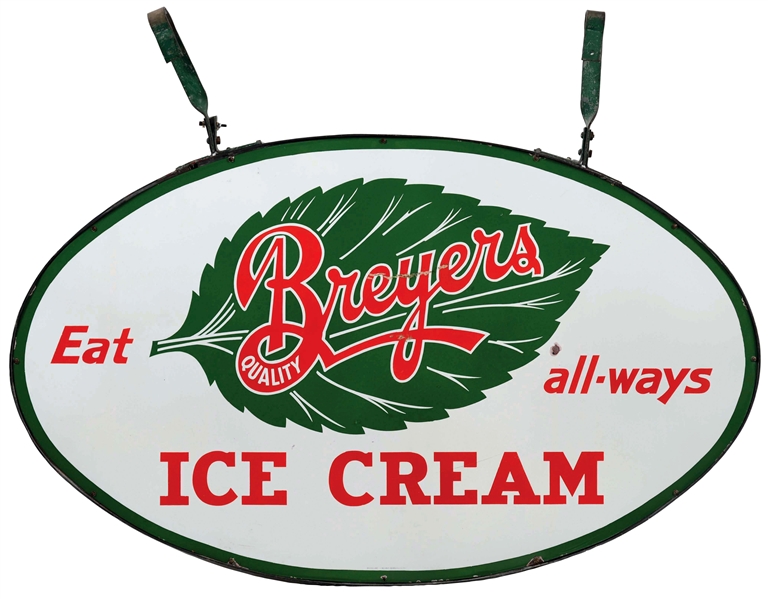 BREYERS ICE CREAM PORCELAIN SIGNS MOUNTED BACK TO BACK IN ORIGINAL HANGING RING.