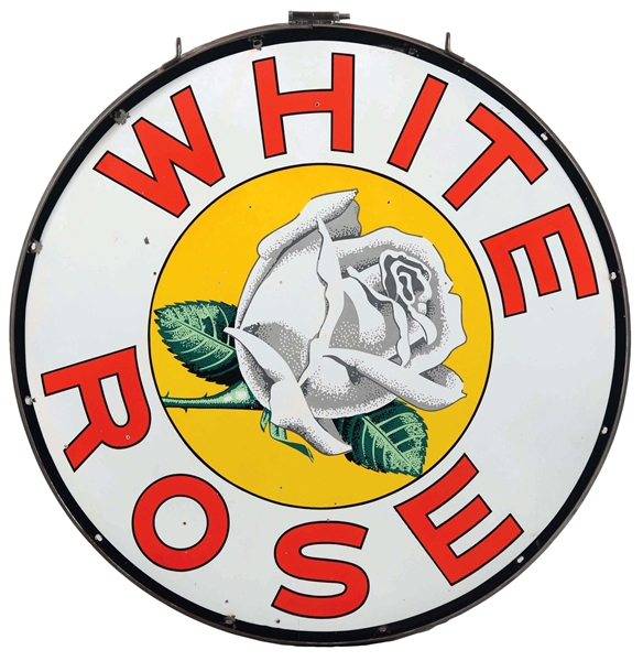 WHITE ROSE GASOLINE PORCELAIN SIGN WITH ROSE GRAPHIC.
