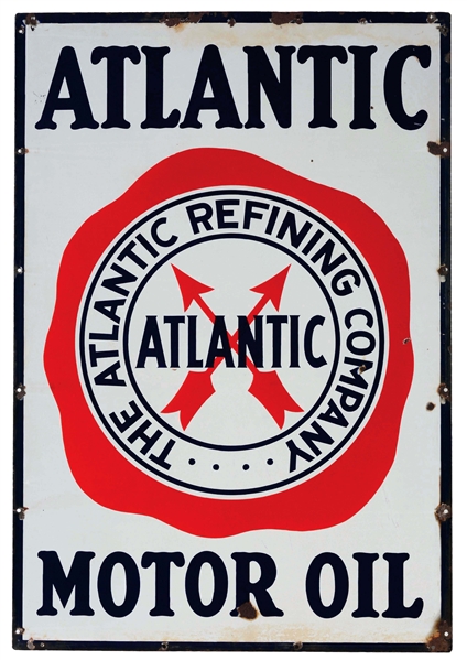 ATLANTIC MOTOR OIL PORCELAIN SIGN WITH ARROW GRAPHIC.