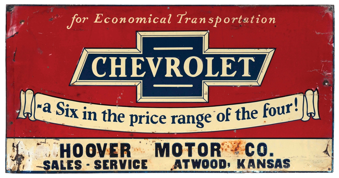CHEVROLET EMBOSSED TIN TACKER SIGN WITH BOW TIE GRAPHIC.