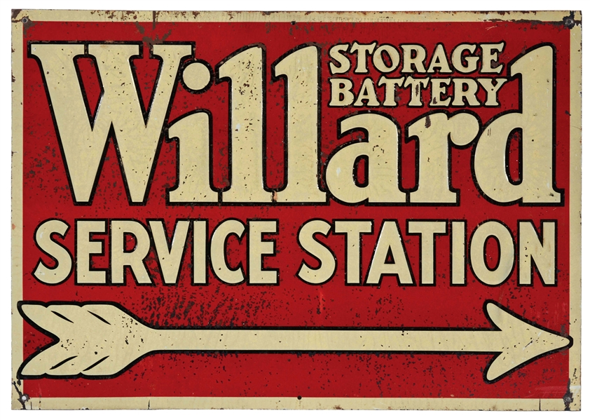 WILLARD BATTERY SERVICE STATION EMBOSSED TIN SIGN.