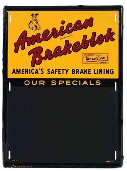 AMERICAN BRAKEBLOK BRAKE LINING SERVICE STATION EMBOSSED CHALK BOARD.