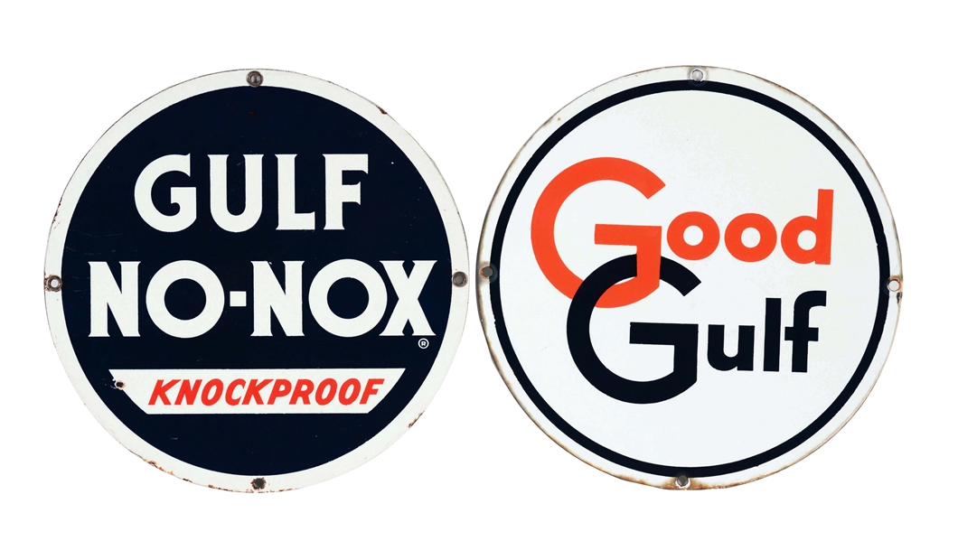LOT OF 2: GULF NO-NOX & GOOD GULF PORCELAIN PUMP SIGNS.