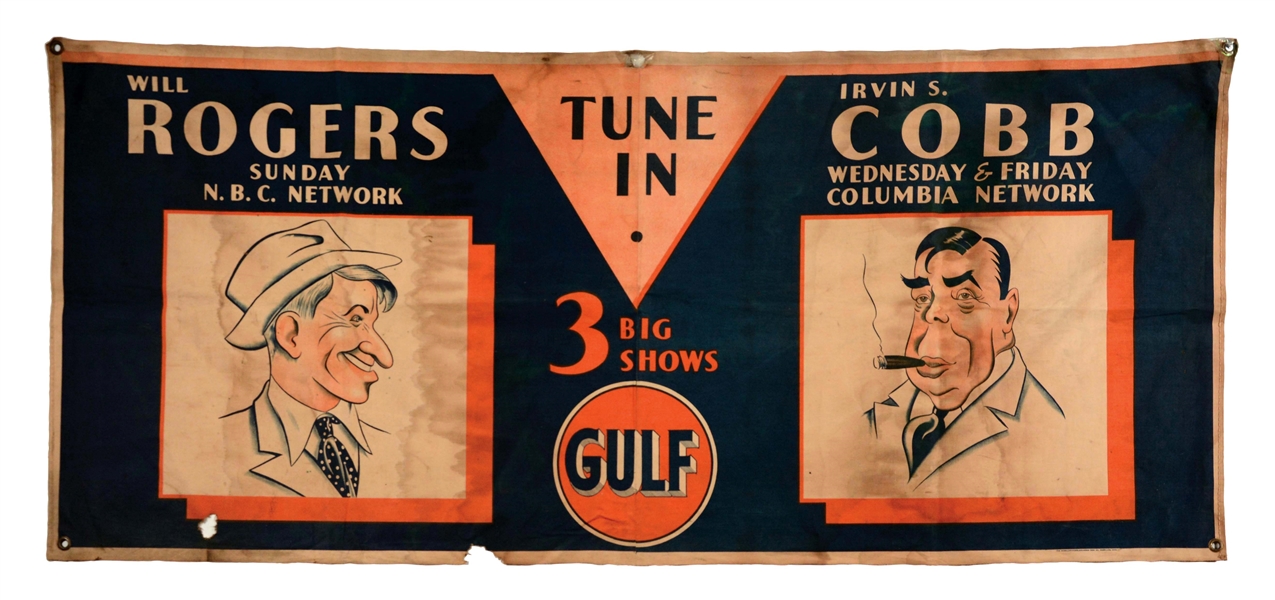 GULF GASOLINE CLOTH BANNER WITH WILL ROGERS & IRVIN COBB GRAPHICS.