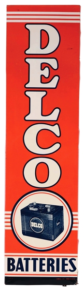 DELCO BATTERIES VERTICAL TIN SIGN WITH WOODEN FRAME.