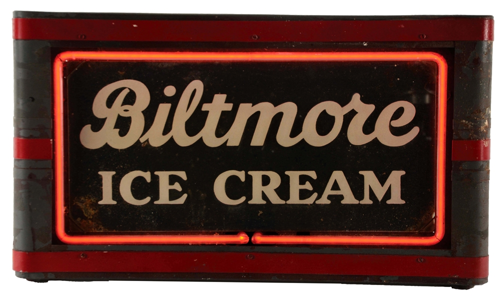 BILTMORE ICE CREAM GLASS FACE NEON STORE DISPLAY ON METAL BODY.