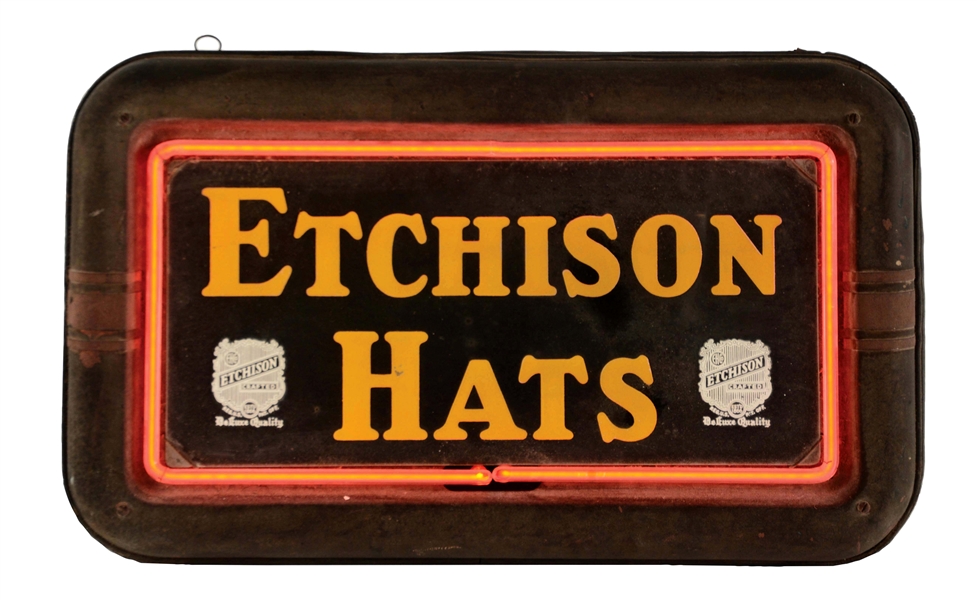 ETCHISON HATS GLASS FACE NEON STORE DISPLAY SIGN.