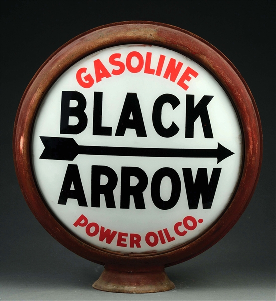POWER OIL COMPANY BLACK ARROW GASOLINE COMPLETE 15" GLOBE ON METAL BODY.