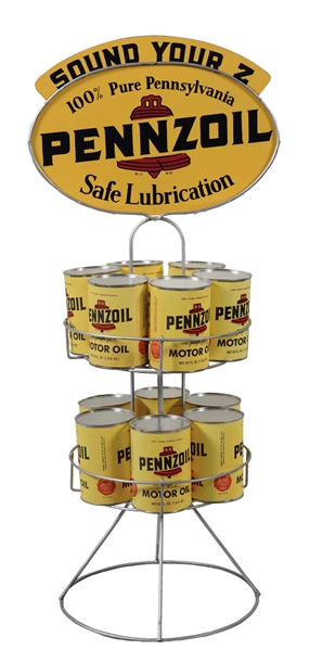 PENNZOIL SAFE LUBRICATION OIL CAN RACK WITH SIGN & CANS.