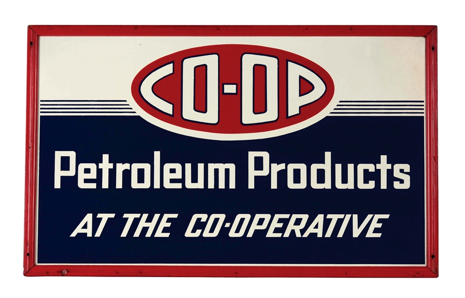 CO-OP PETROLEUM PRODUCTS NEW OLD STOCK TIN SIGN WITH ORIGINAL WOOD FRAME. 
