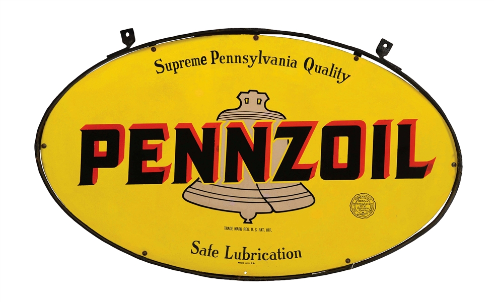 PENNZOIL MOTOR OIL SAFE LUBRICATION PORCELAIN SIGN IN ORIGINAL RING. 