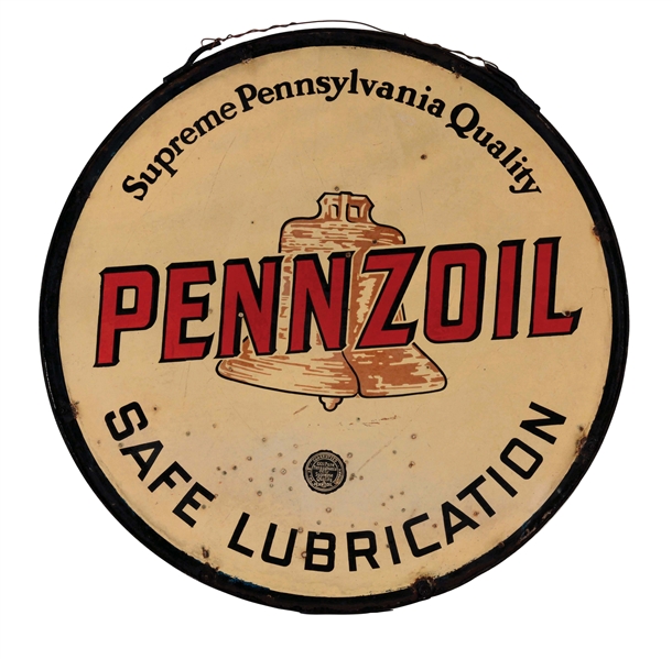PENNZOIL MOTOR OIL SAFE LUBRICATION PORCELAIN SIGN IN ORIGINAL RING. 