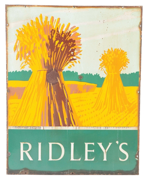 RIDLEYS PORCELAIN SIGN WITH WHEAT GRAPHIC.