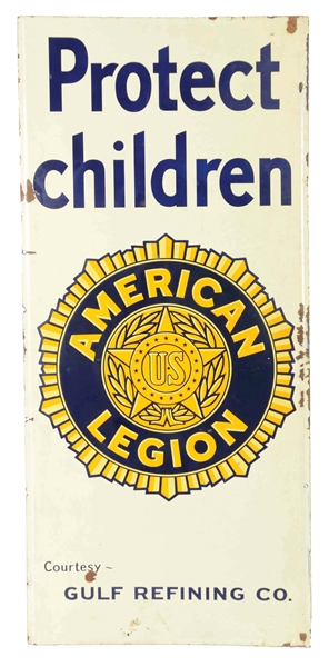 GULF GASOLINE PROTECT CHILDREN AMERICAN LEGION PORCELAIN LIGHTHOUSE SIGN.