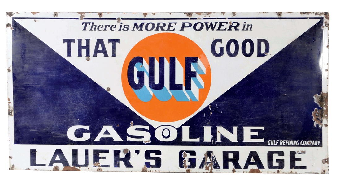 THAT GOOD GULF GASOLINE PORCELAIN SIGN FOR LAUERS GARAGE. 