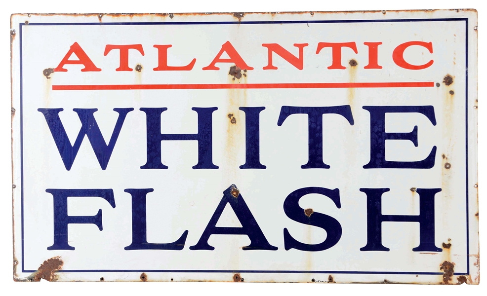 ATLANTIC WHITE FLASH GASOLINE PORCELAIN SIGN.