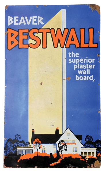 BEAVER BESTWALL PLASTER WALL BOARD PORCELAIN SIGN WITH HOUSE GRAPHIC.
