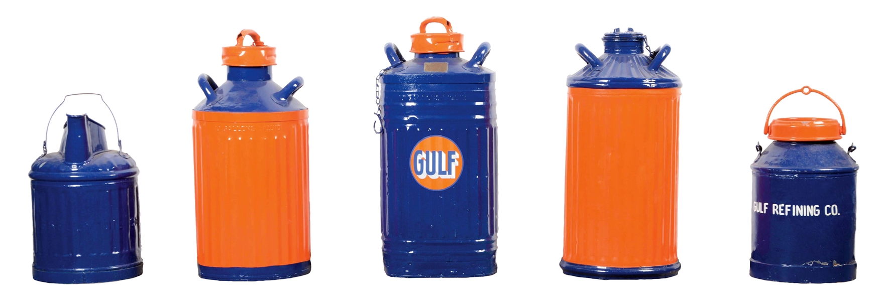 LOT OF 5: GULF GASOLINE & MOTOR OIL CANS.