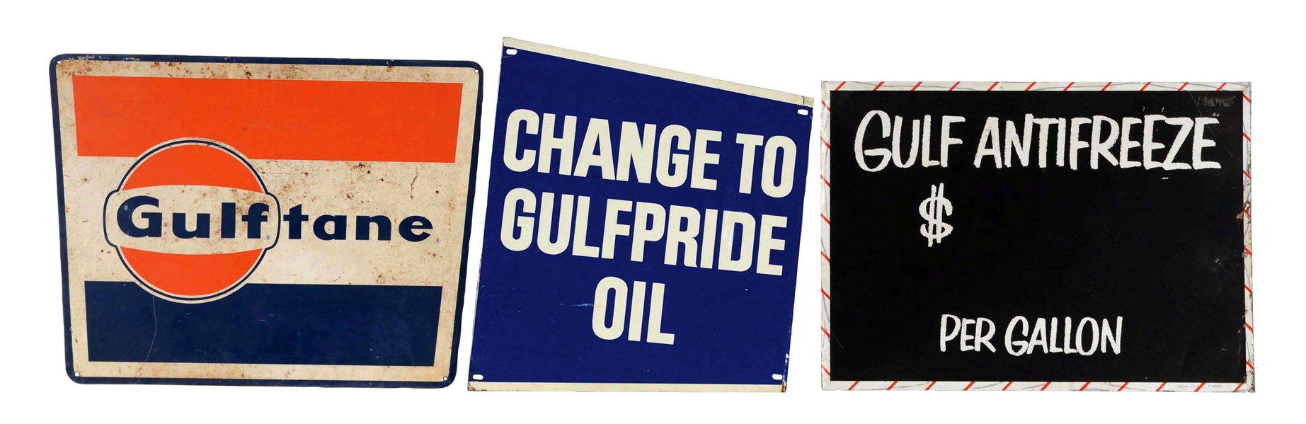 LOT OF 3: GULF GASOLINE TIN SIGNS.