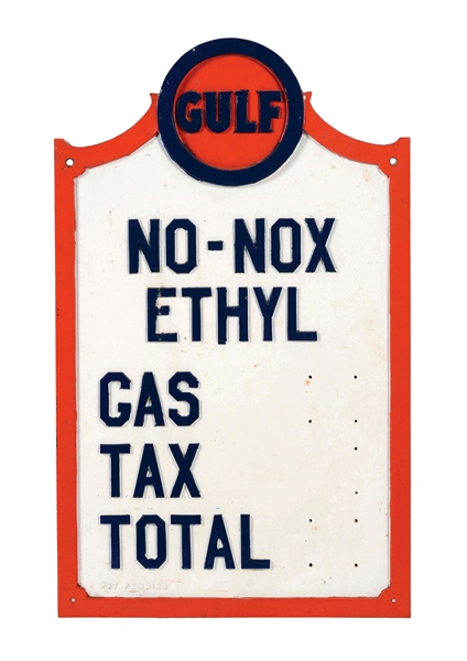 GULF NO-NOX ETHYL GASOLINE CAST IRON PRICER SIGN.