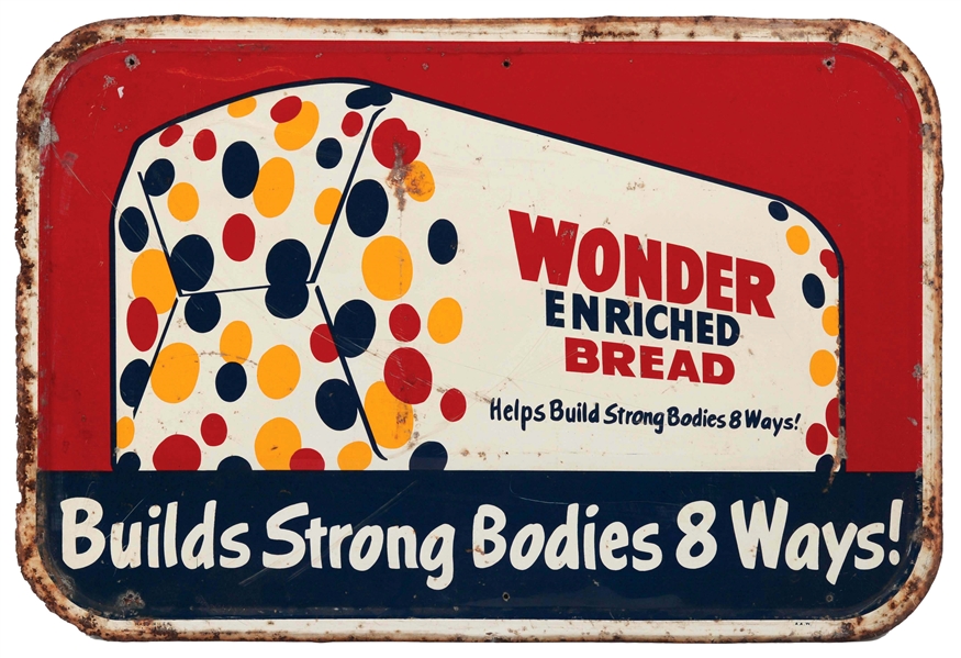 WONDER BREAD TIN SIGN WITH EMBOSSED SELF FRAMED EDGE.