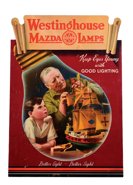 WESTINGHOUSE MAZDA LAMPS DIE-CUT CARDBOARD STORE DISPLAY WITH EXCELLENT GRAPHIC.
