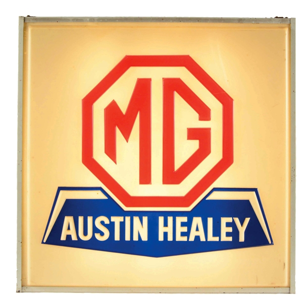 MG AUSTIN HEALEY EMBOSSED PLASTIC FACE LIGHT UP SIGN.