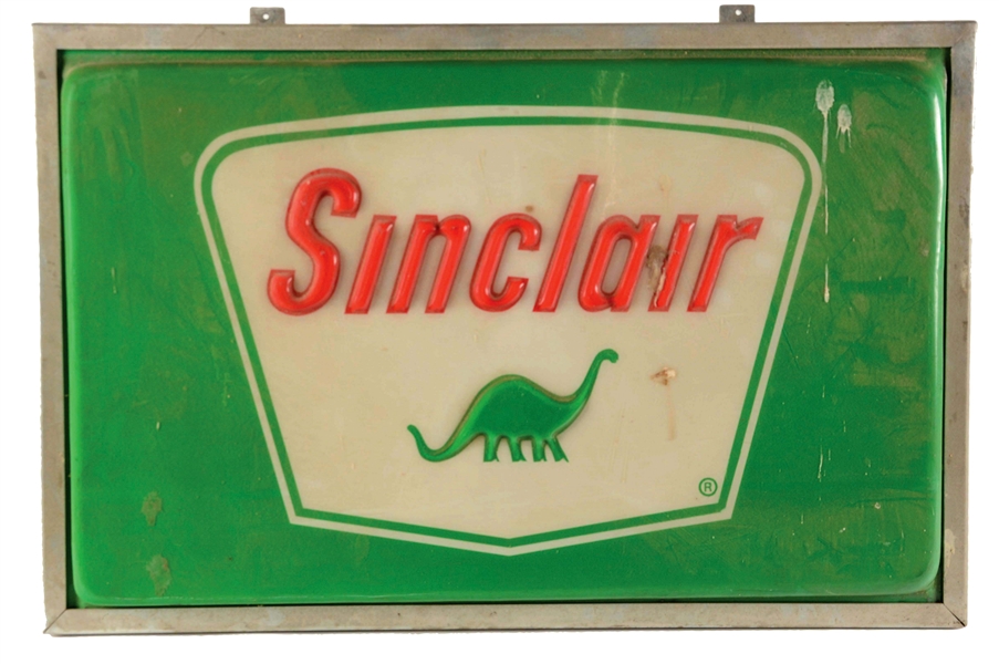 SINCLAIR GASOLINE PLASTIC LIGHT UP SIGN WITH DINO GRAPHIC.