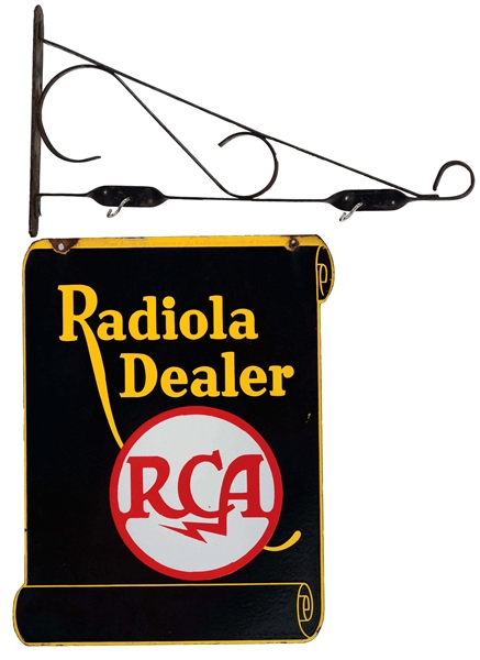 RCA RADIOLA DEALER PORCELAIN SIGN WITH ORIGINAL HANGING BRACKET.