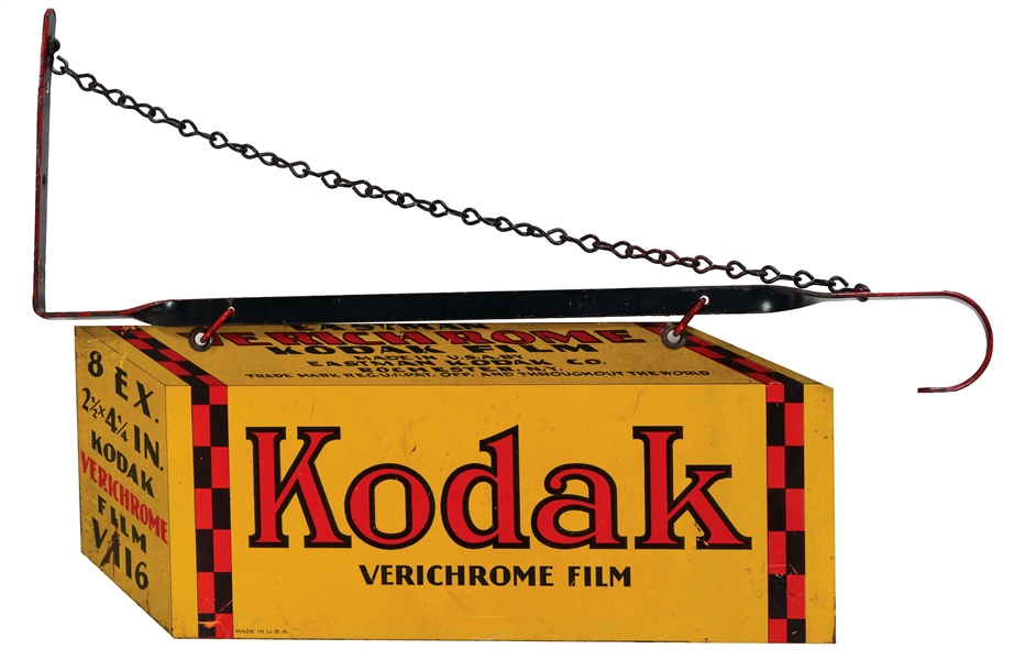 KODAK VERICHROME FILM TIN SIGN WITH ORIGINAL METAL BRACKET.