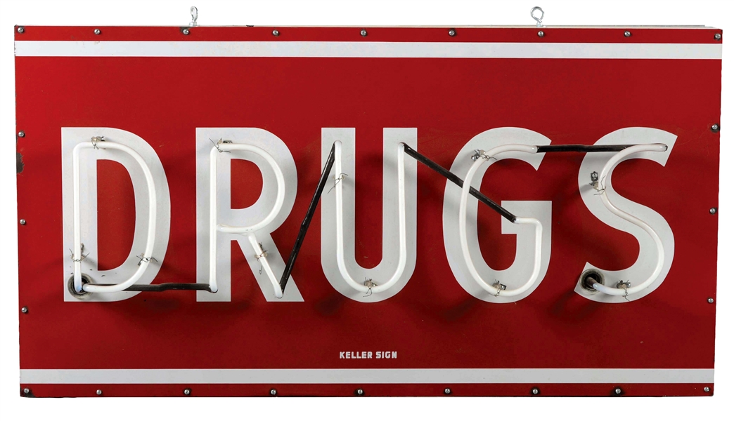 PORCELAIN DRUGS NEON SIGN ON NEW METAL CAN.