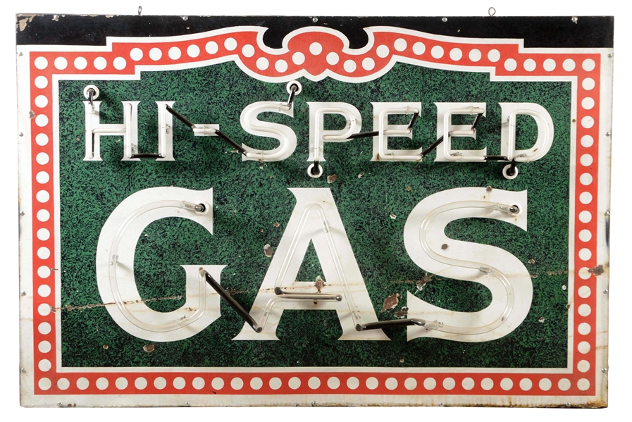 HI-SPEED GAS PORCELAIN SIGN WITH ADDED NEON.
