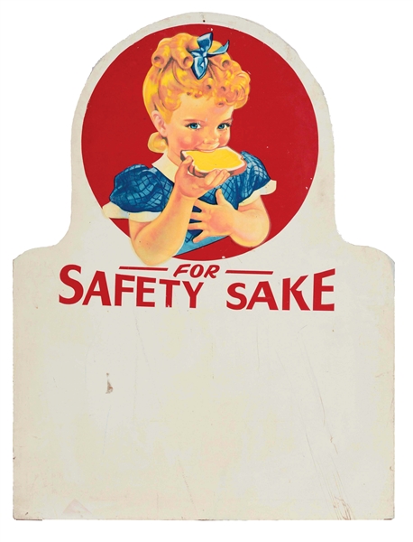 SUNBEAM BREAD FOR SAFETY SAKE DIE-CUT WOODEN SIGN WITH GIRL GRAPHICS.