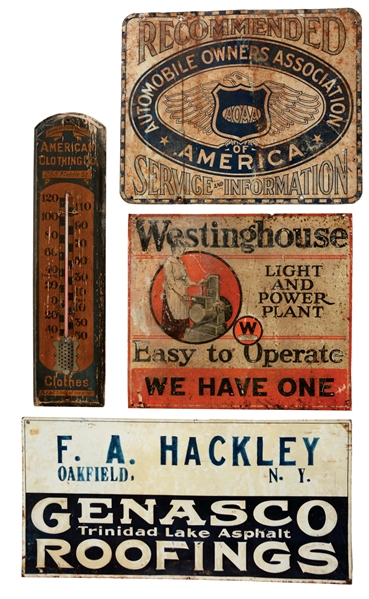 LOT OF 4: VARIOUS TIN ADVERTISING SIGNS & WOODEN THERMOMETER.