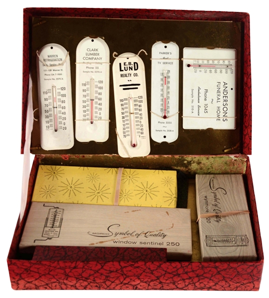 NEWCO THERMOMETER SALESMAN CASE WITH 9 SAMPLE THERMOMETERS.