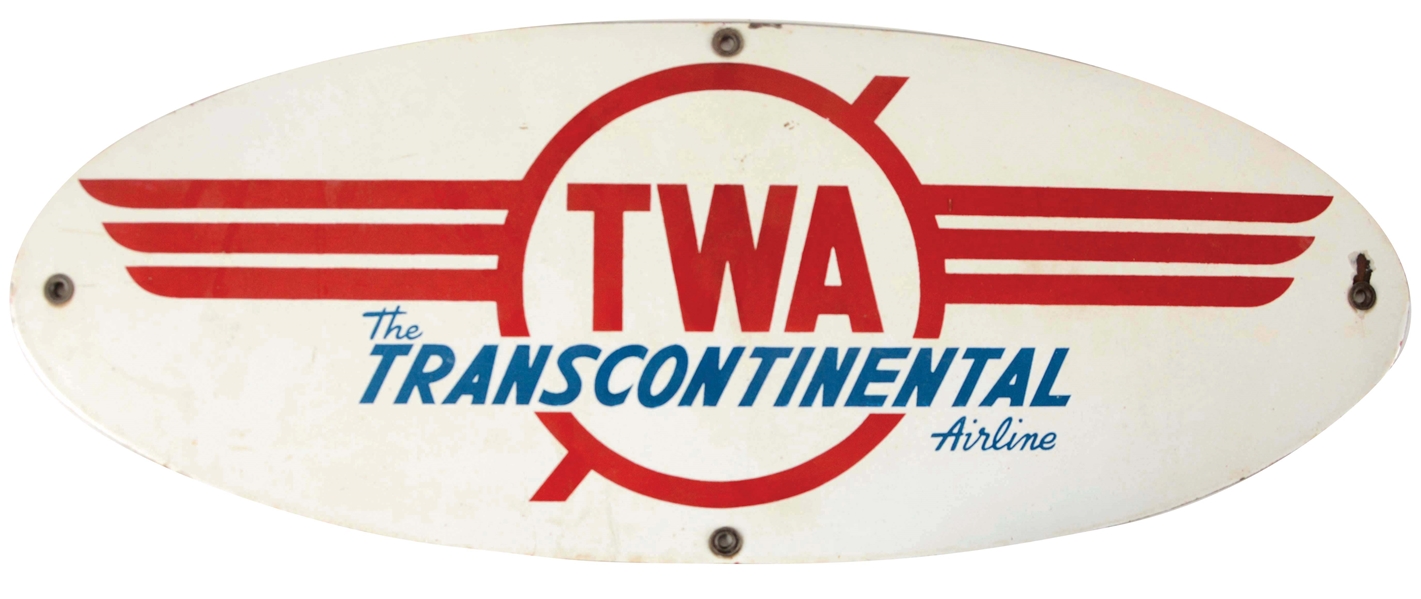 TWA TRANSCONTINENTAL AIRLINES PORCELAIN SIGN.