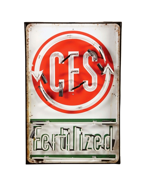 CFS FERTILIZERS EMBOSSED TIN SIGN WITH ADDED NEON.