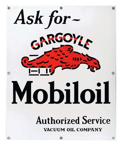 MOBILOIL PORCELAIN OIL CABINET SIGN WITH GARGOYLE GRAPHIC.